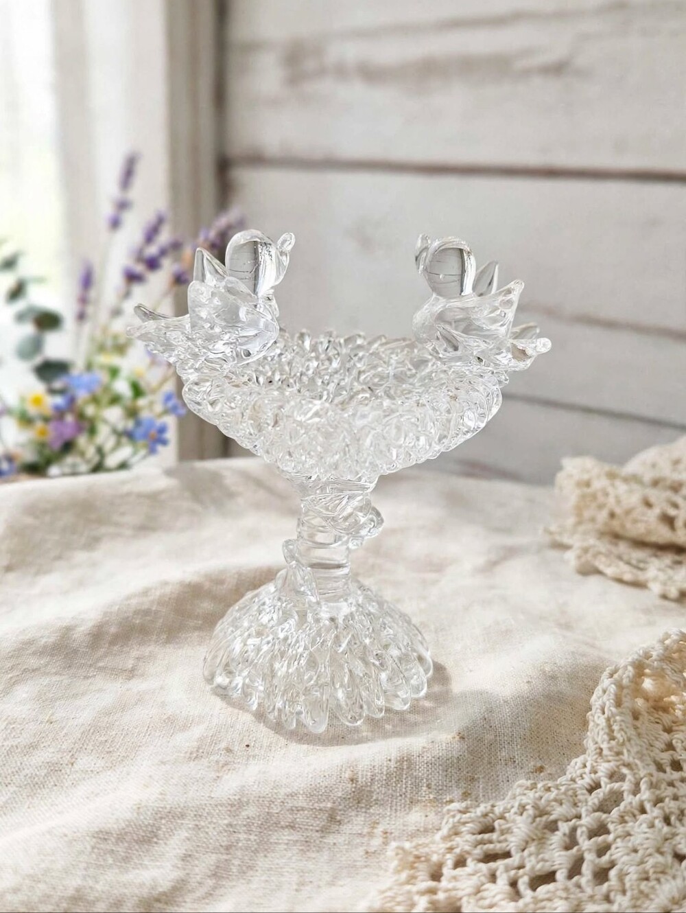 Vintage Miniature Clear Spun Glass Bird Bath Compote | 2.5" Tall
